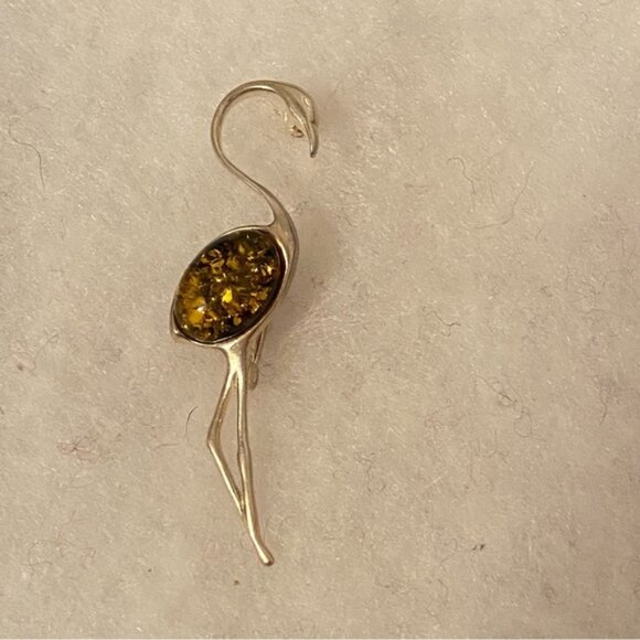 BROOCH PIN FLAMINGO BIRD STERLING SILVER 925 AMBER YELLOW STONE - Picture 1 of 8